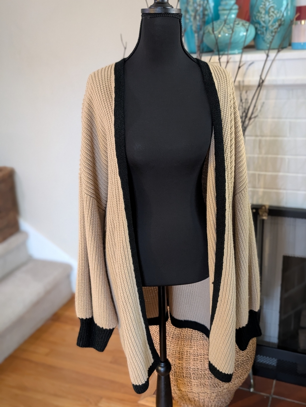 Plus Size 2XL Beige & Black Open Front Cardigan Black Trim Chunky Knit Oversized